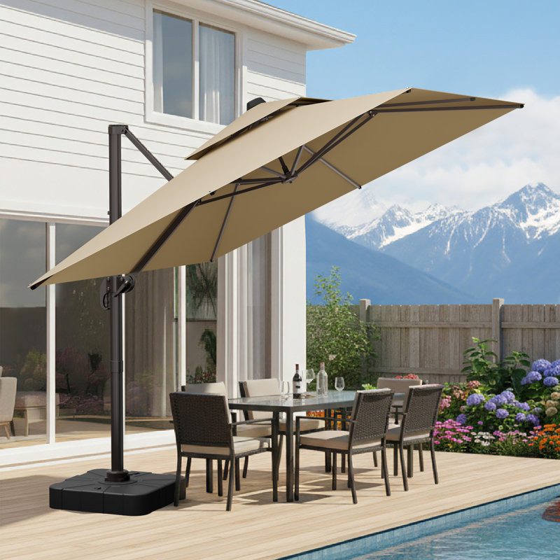 Parasol extérieur à double plateau avec base, 8 nervures en aluminium renforcé, inclinaison à 6 positions, Beige