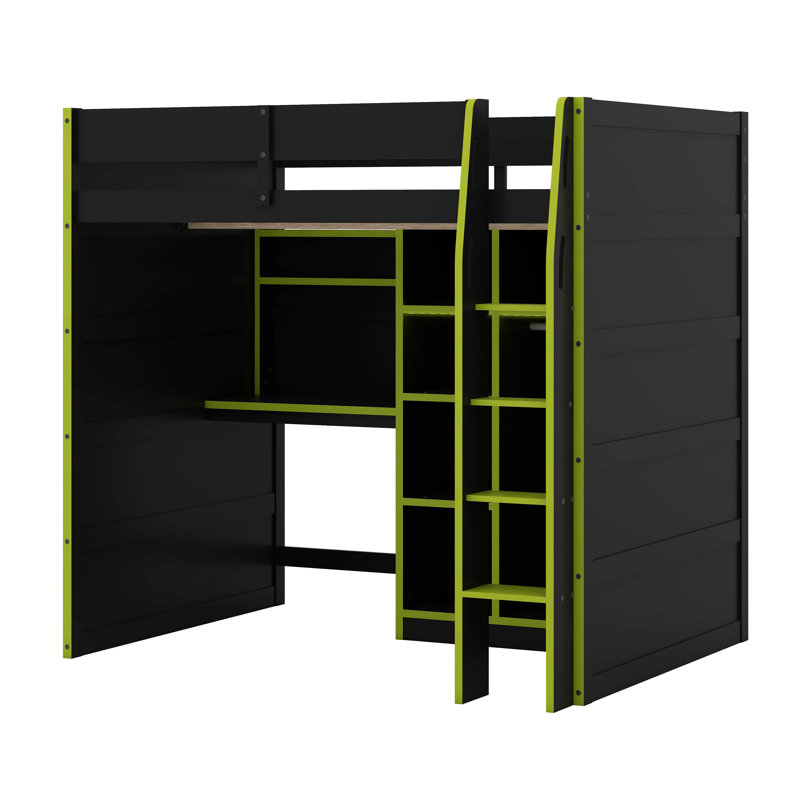 Lit mezzanine double pleine grandeur, lit mezzanine en bois avec bureau, armoire ouverte, tablettes et lumières RVB, Vert