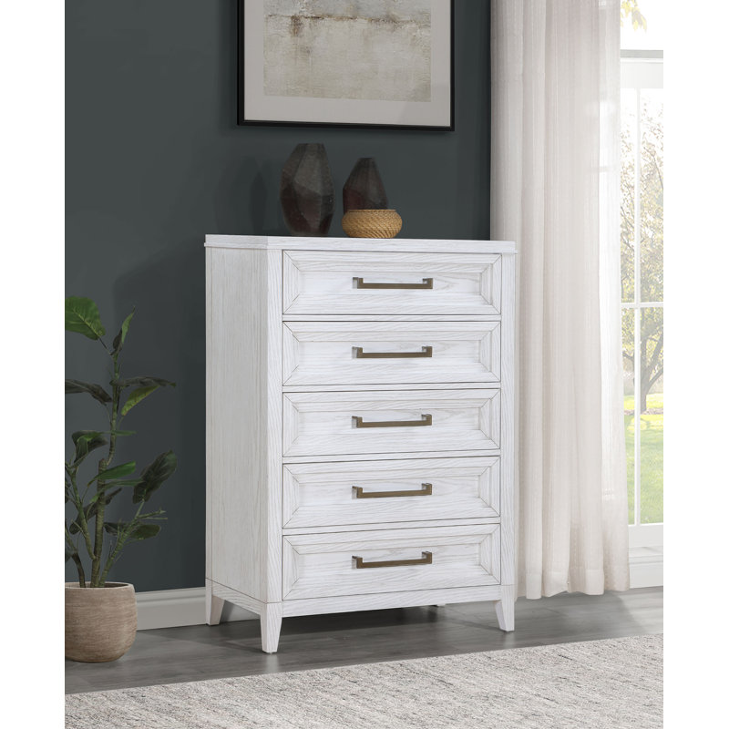 Commode haute Leva, bois d'acacia blanc vieilli, 5 tiroirs