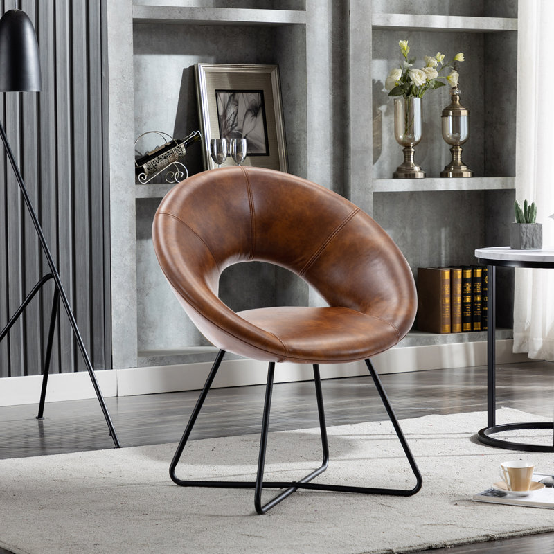 Coomer 26.75" Wide Faux Leather Barrel Accent Chair with Metal Base, Black/Yellowish Brown