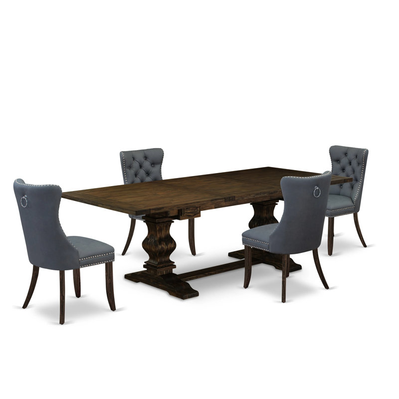 Ensemble de cuisine 5 pièces comprenant une table à manger rectangulaire avec rallonge amovible et 4 chaises rembourrées, 107 x 234 cm, style jacobéen vieilli