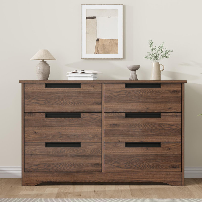 6 Drawer Dresser for Bedroom, Modern Closet Dresser Organizer with Embedded Handles Design, Wooden Chest of Drawers for Living Room, Nursery, Hallway - Walnut