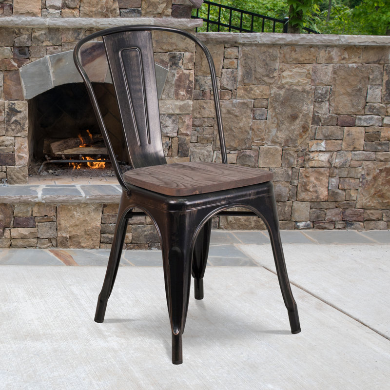 Kewaunee Metal Stackable Chair with Wood Seat, Black-Antique Gold