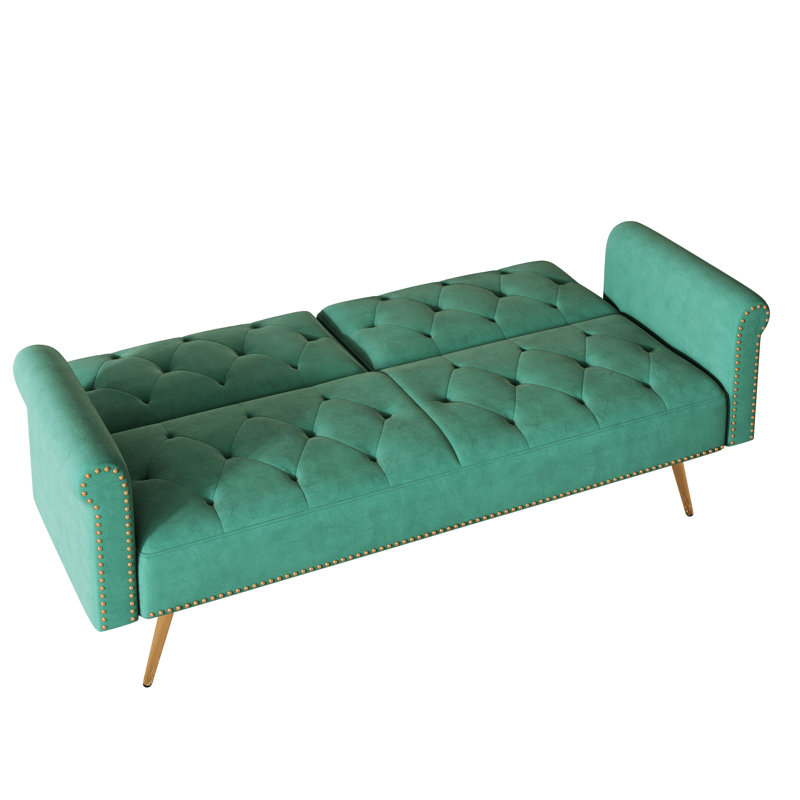 Lit en velours de 69,7 pouces, solution de chambre à coucher moderne à 2 places, garniture cloutée, pieds en métal doré, rembourrage en éponge, assemblage avec lit de mesure facile, meubles, assemblage simple