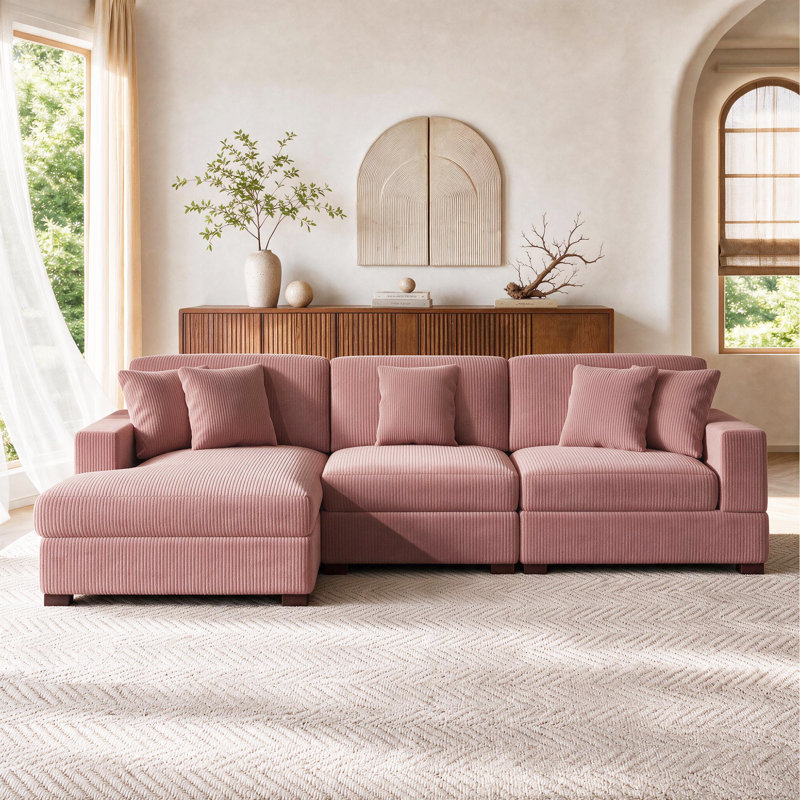 Canapé modulaire rembourré 3 pièces en velours côtelé-L, Velours côtelé rose, Orienté à gauche (vu de face)
