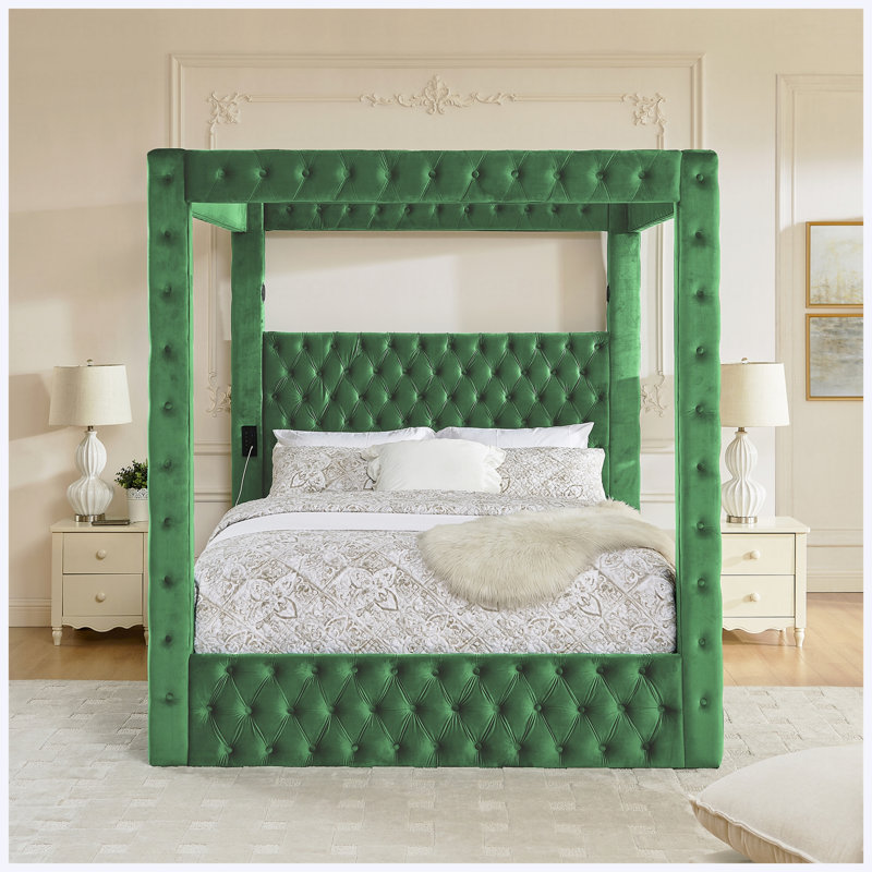 Lit à baldaquin Queen en velours avec Bluetooth et port USB, vert