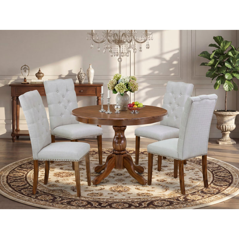 5 Piece Dining Set Includes a Round Dining Room Table with Pedestal and 4 Grey Linen Fabric Upholstered Chairs, Antique Walnut