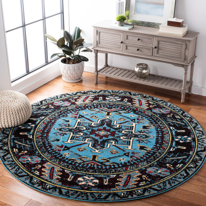 Tapis oriental bleu clair / noir Cayleen, Rond 5 pi 3 po