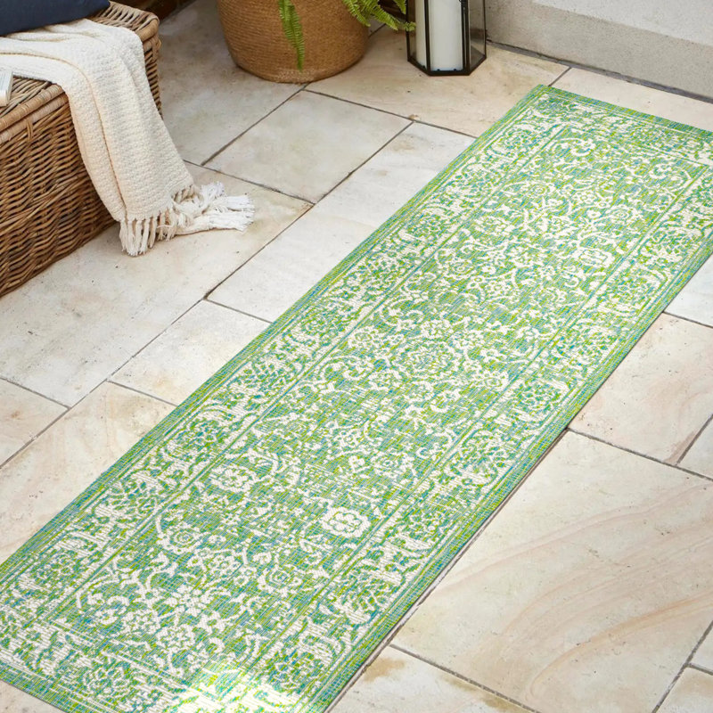 Delcine Bohemian Textured Weave Floral Cream/Green Indoor/Outdoor Rug, Runner 2'2" x 10'