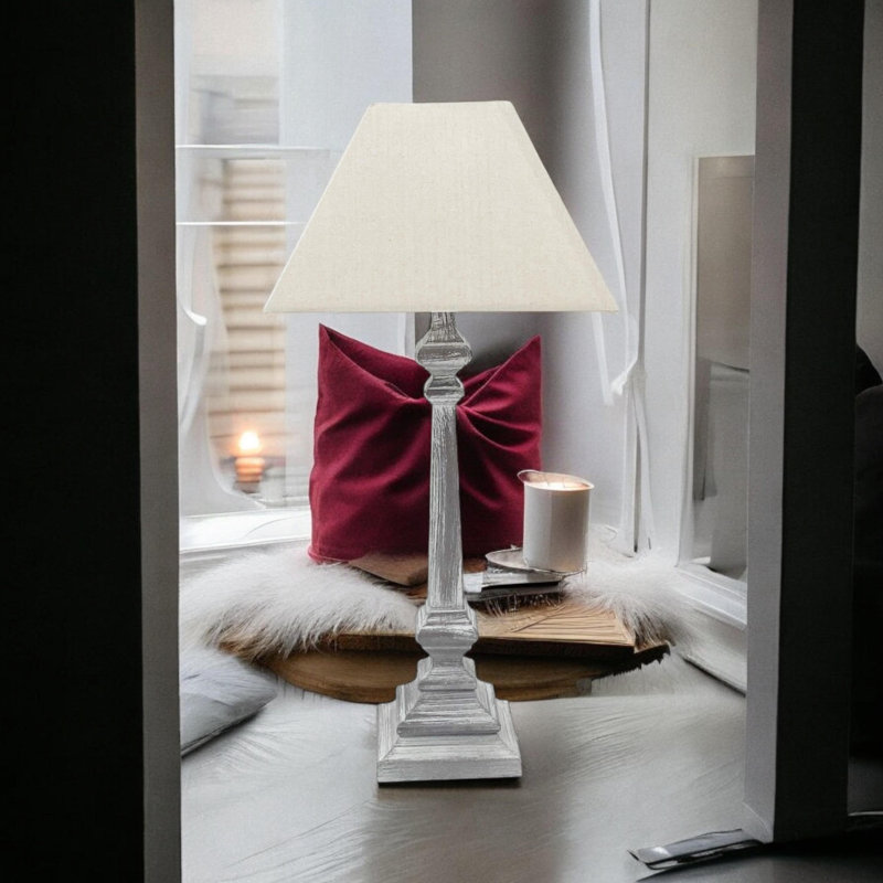 Forteau 45 Cream Wooden Table Lamp | Country Style Bedside Lamp with Washed Wood Base and Elegant Fabric Shade