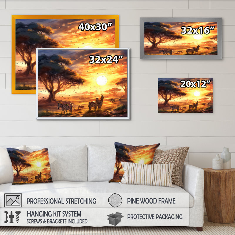 Safari zébré orange orange sur toile, H 12 po x l 20 po x P 1 po, Cadre photo noir