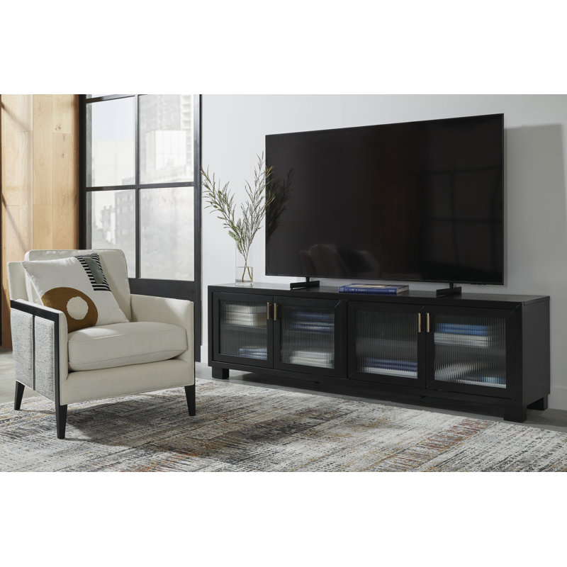 Winbardi Black 85" TV Stand with Glass Doors and Cabinets