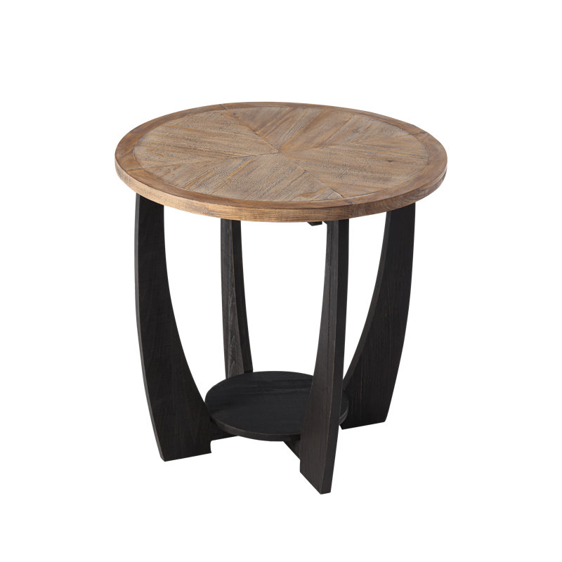 Arch Farmhouse End Table with Storage Shelf, French Country Accent Side Table, Natural Brown Top/Black Base