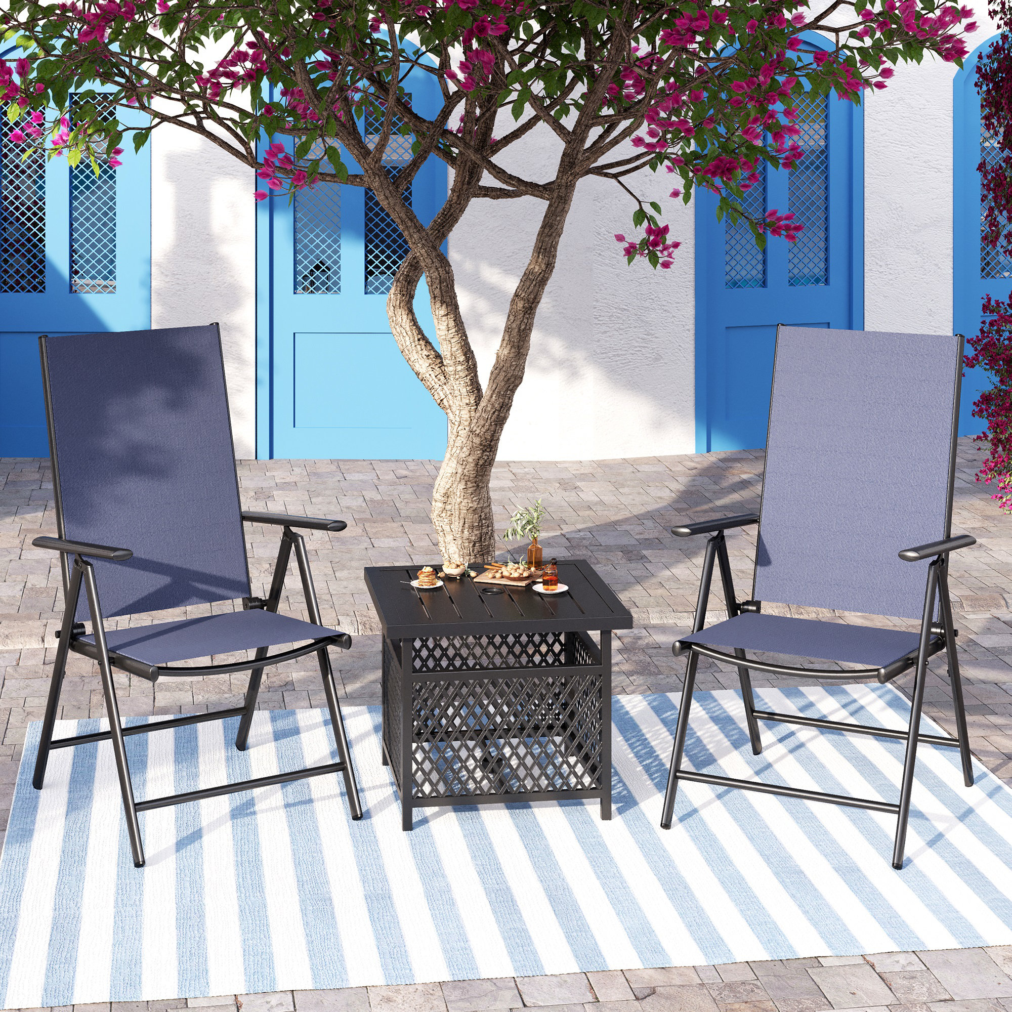 Alyah 3 Piece Outdoor Patio Dining Set with Slingfolding Portable Chairs with Reclining Function,Navy Blue Lark Manor Color: Gray