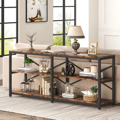 Console de 70,9 po avec tablettes de rangement, canapé industriel à 4 niveaux derrière le canapé, table d'entrée moderne avec structure en X en métal, bibliothèque de couloir étroite pour le salon, brun rustique