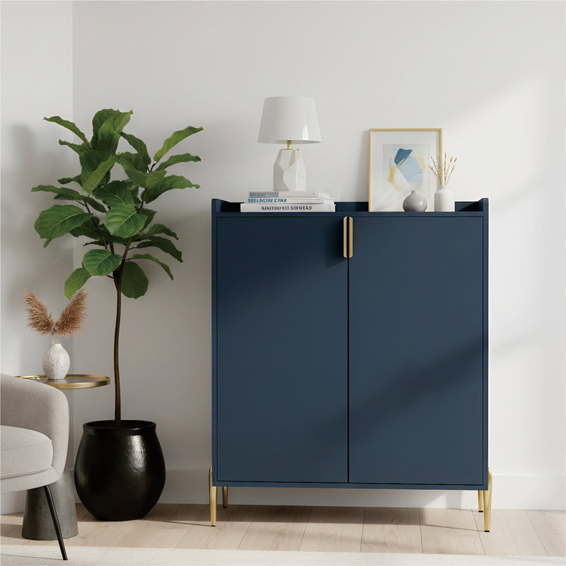 Bar moderne avec support à vin, buffet de cuisine avec 2 portes et tablette réglable, Bleu