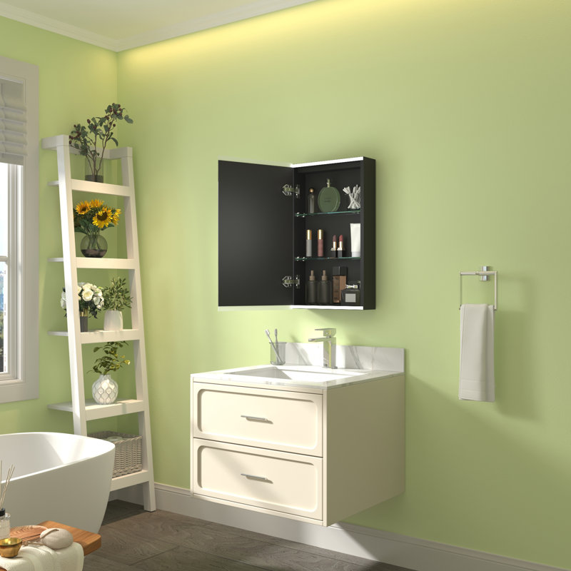 Surface Mount Frameless LED Medicine Cabinet with Mirror and 2 Adjustable Shelves, Left, 26" H x 15" W x 4.25" D