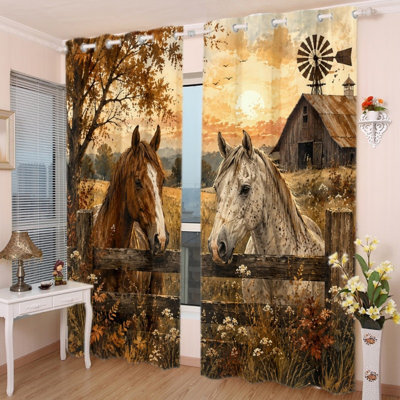 2PCS Grommet Top Rustic Barn Landscape Farmhouse Horse Printed Curtain Drapes, Thermal Insulated Sun Blocking Noise Reducing Blackout Room Darkening Curtains with Privacy Protection, Indoor Window Panels for Living Room Bedroom Home Decor