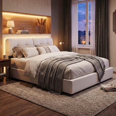 EU Double & Kingsize Velvet Ottoman Bed with 7-Colour LED Lights, Upholstered Block-Tufted Storage Bed Frame, White, 140/160x200cm
