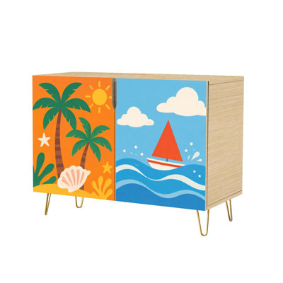 Buffet à 2 portes, style console moderne avec palmiers, voiliers et soleil. Meuble de rangement en bois sur pied, idéal pour la cuisine, la salle à manger, le salon, l'entrée ou un coin café.