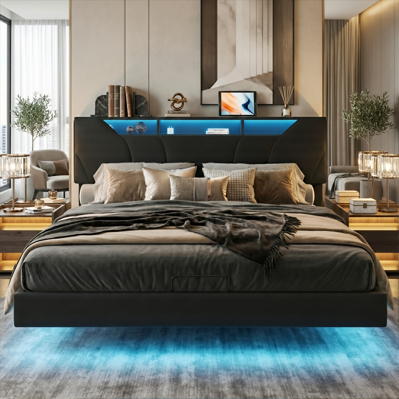 Floating Hydraulic PU Upholstered Ottoman Bed With LED & Charging Station (USB/Type-C), 140X200cm Double / 160X200cm King, Black Faux Leather Smart Storage