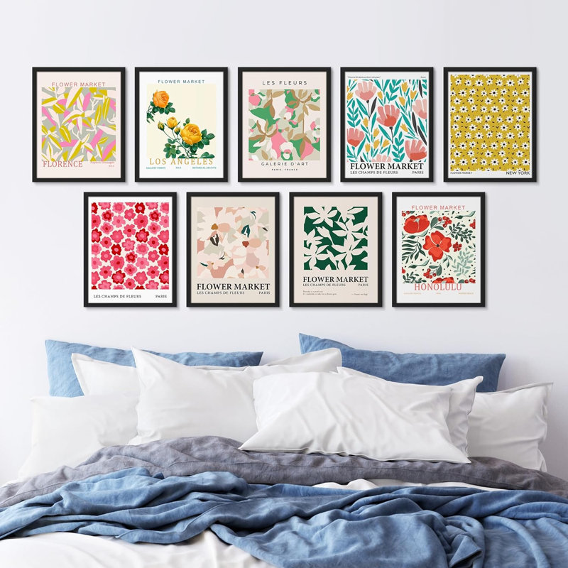 Multicolore motif de tapisserie de jardin sauvage, nature sauvage, calme, bohème encadré sur papier, 9 pièces, Cadre noir