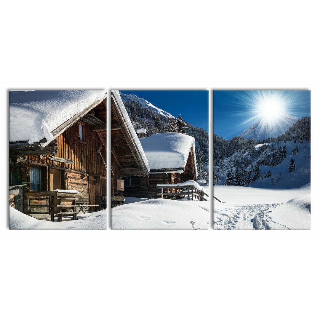 3-tlg. Leinwandbilder-Set Verschneite Alpenhütte