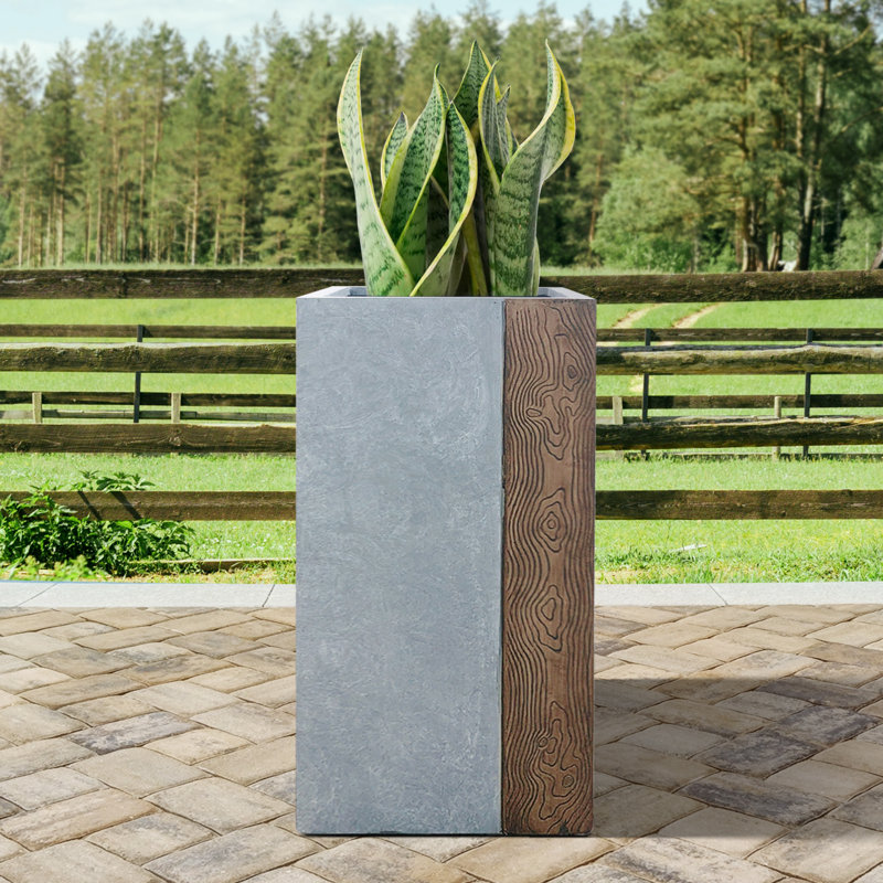 24 in.Gray & Brown Tall Concrete Square Planter with Drainage Holes for Indoor & Outdoor, 24" H x 24" W x 12" D