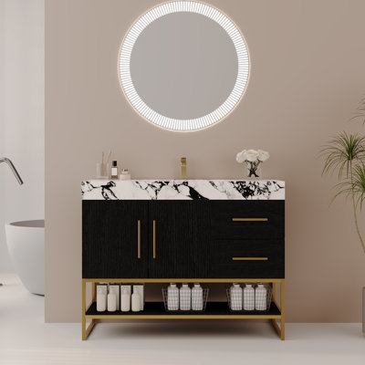Meuble-lavabo autoportant moderne 36 po avec lavabo en céramique sans couture et plateau en pierre frittée