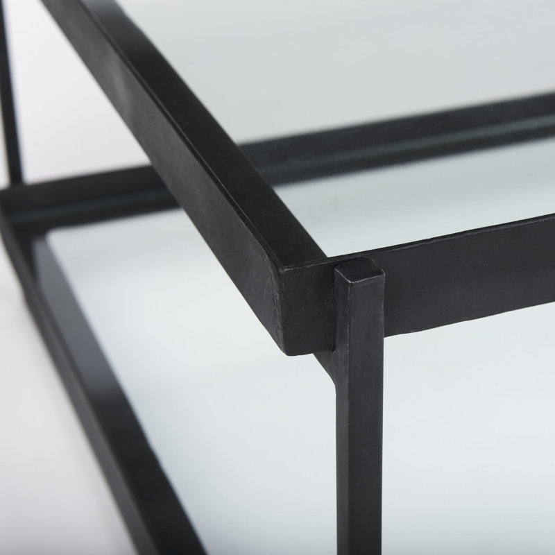 Trey Black Metal and Glass Coffee Table with Shelves