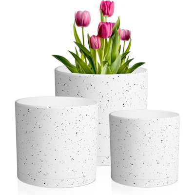 Cylinder Plastic Plant Pots Set Of 3 (8, 7 & 6 Inch) – White With Black Speckles