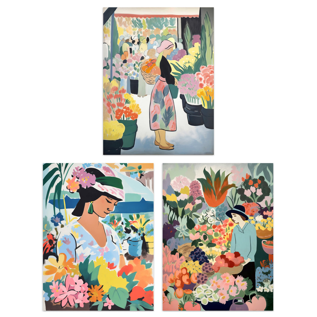 The Flower Stall Danish Pastel Aesthetic Matisse Style Calm - 3 Piece No Frame Print Set