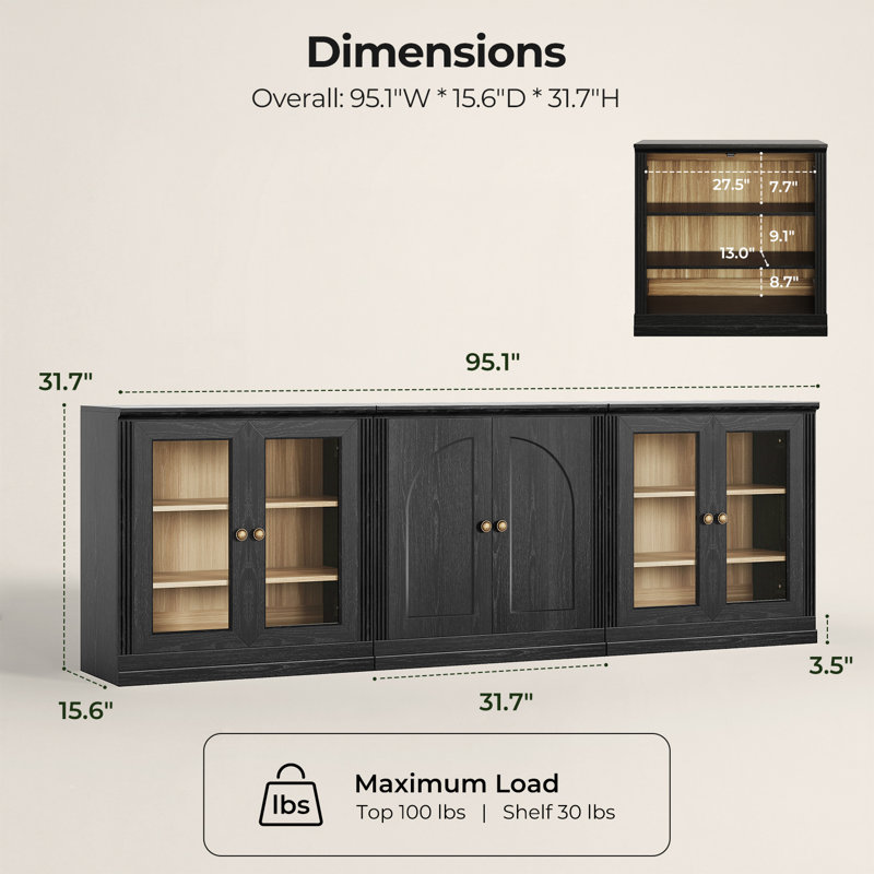Ensemble de buffet modulaire Monos 95,1 po avec portes d'exposition et rangement, noir, Black