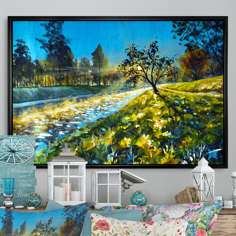 «Sunsert On Forest Nature», reproduction sur toile flottante, H 16 po x l 32 po x P 1 po, Cadre flottant noir