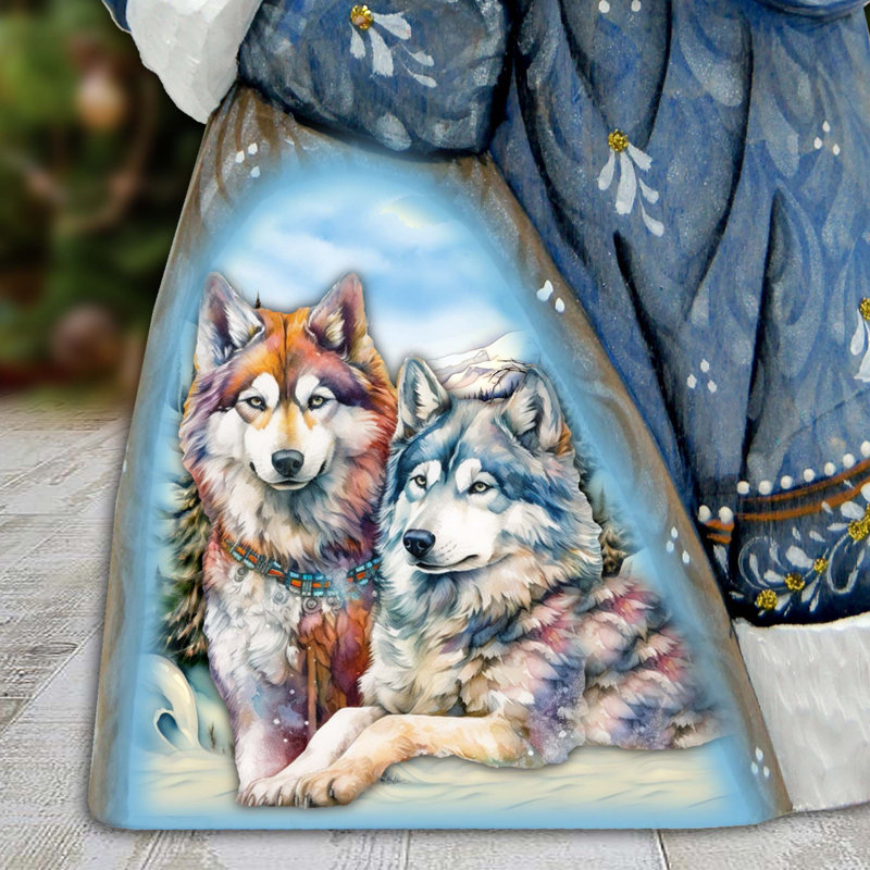 Winter Wolves Santa In Blue Hand-Painted Wood Carved Masterpiece By G. Debrekht
