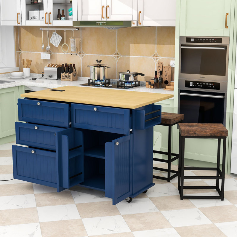 Nels 3-Piece Wooden Kitchen Island Set, Kitchen Island with Drop Leaf, Storage Cabinet and 2 Stools, Blue
