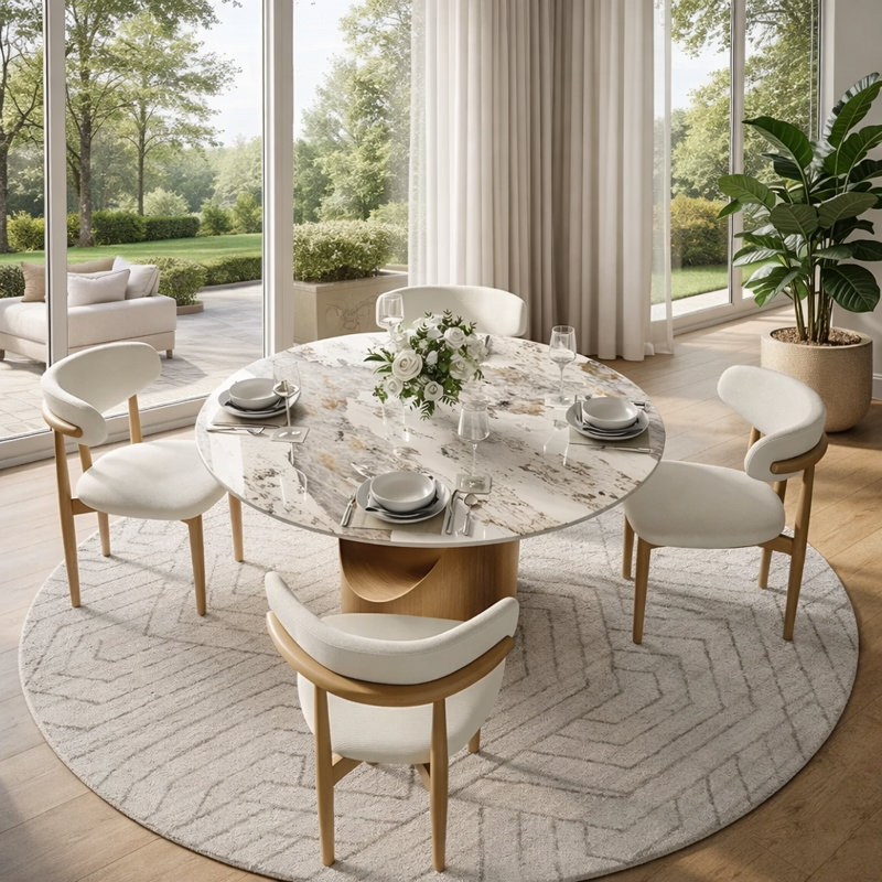 Modern 5/7 Pieces Dining Room Sets, Pre-Assembly Round Dining Table Sets, Sintered Stone Tabletop Kitchen Dining Table Set With Upholstered Chairs