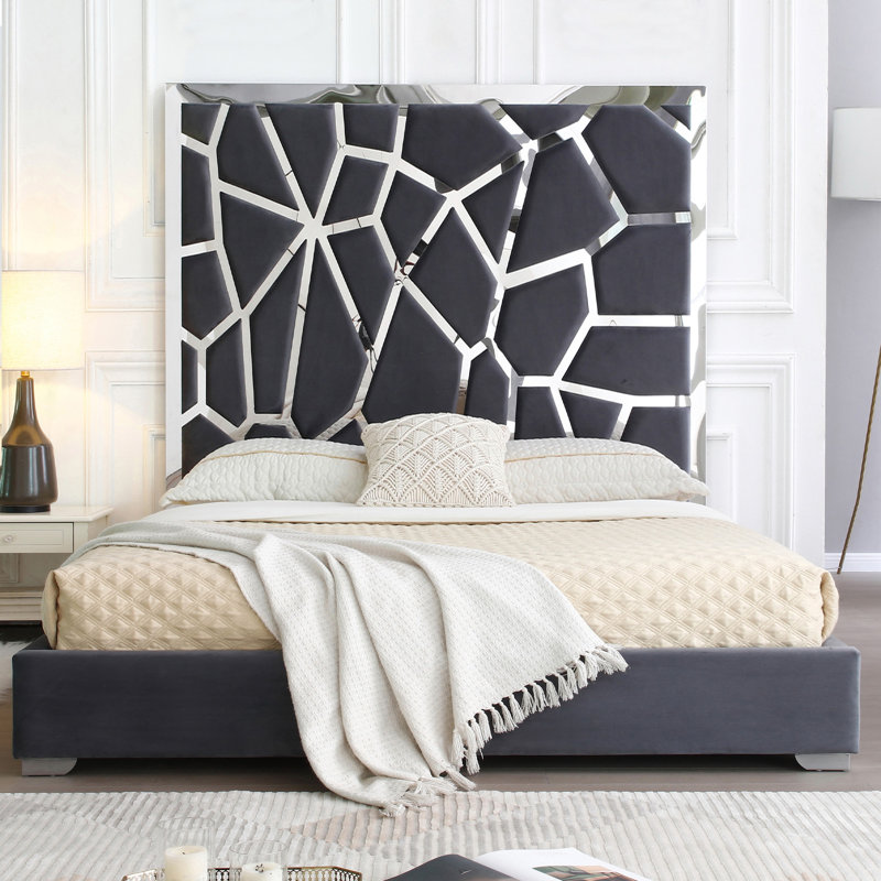 Upholstered Metal Platform Bed, Gray, King