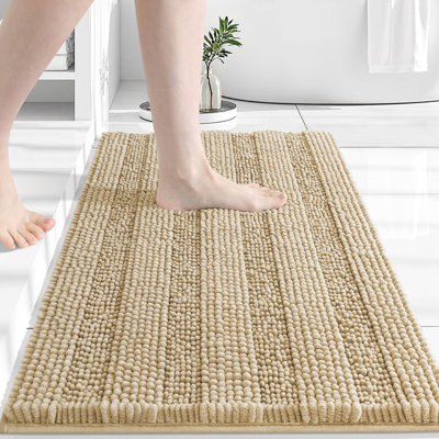 Tapis de bain chenille rayé 30 x 20, tapis de bain très épais et absorbants, tapis de douche moelleux et antidérapant, lavage en machine, tapis de bain pour salle de bain (moyen, beige)