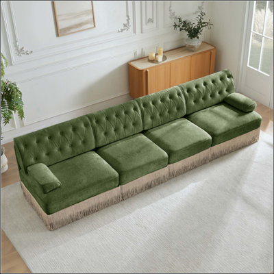 Tissu en velours doux, canapé capitonné à boutons de style Chesterfield, jupe à pampilles, conception combinée modulaire, base en bois de qualité supérieure, facile à assembler, mousse haute résilience à haute densité, pour le salon