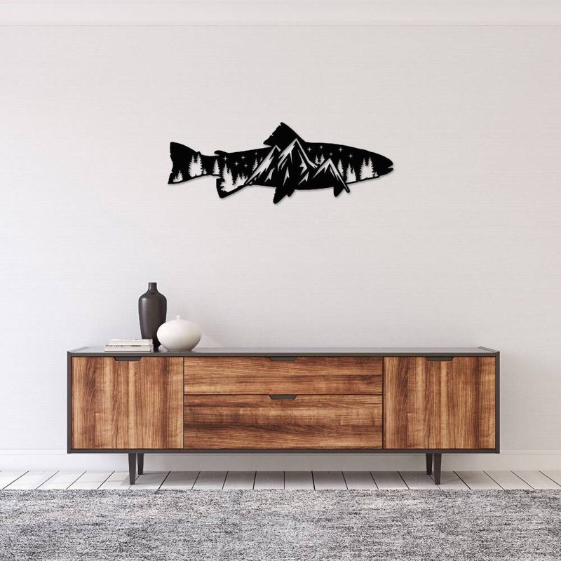 Art mural alternatif en métal Trout Fish Design, H 8 po x l 23 po x P 0,12 po, Noir
