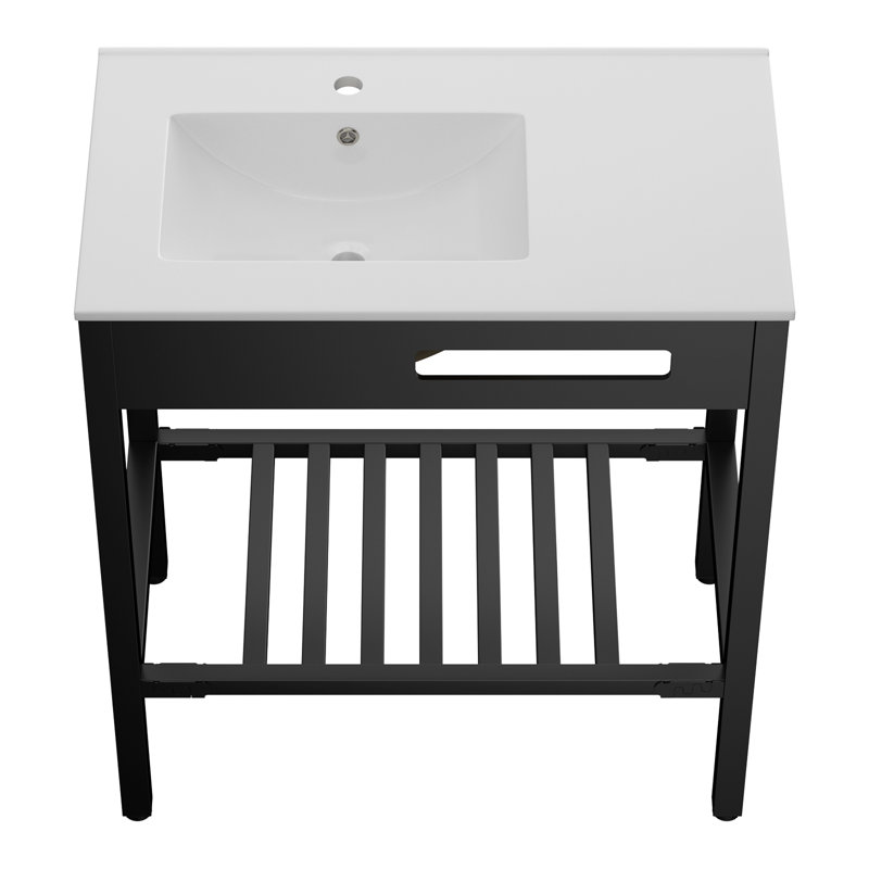 Évier de service 32 "x 18,5" en céramique en porcelaine avec cadre en acier inoxydable noir et tablette à serviettes