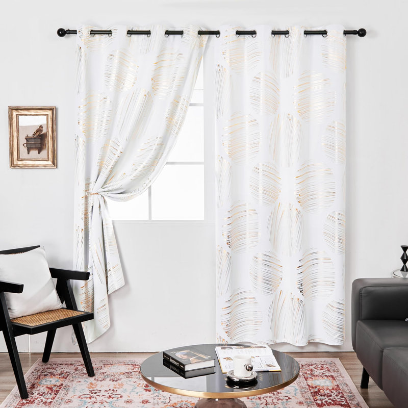 Ensemble de 2 rideaux obscurcissant à imprimé feuille d'or (ensemble de 2), Blanc pur, L 52 po x L 84 po
