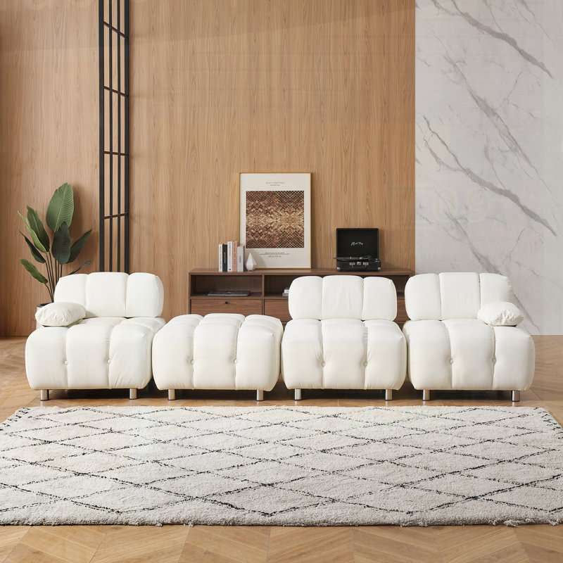 Tufted Upholstered Sofa, White Leather, 27.56" H x  90.6" W x 33.5" D