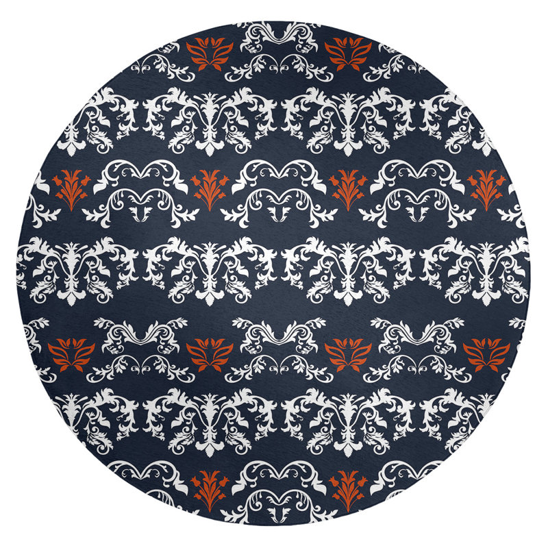 Tapis rond bleu damassé à motif baroque