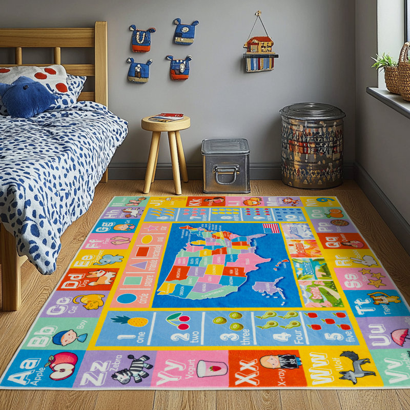 4x5ft Children's Area Rug, Alphabet Map Pattern, Faux Cashmere Non-Slip Carpet, Suitable for Living Room, Bedroom, Children's Room, Home Decor