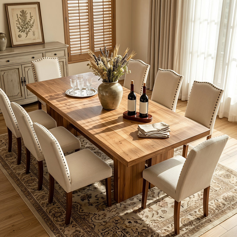 Ensemble de table de salle à manger rectangulaire en bois massif avec 6 chaises rembourrées, ensemble de salle à manger rustique 7 pièces