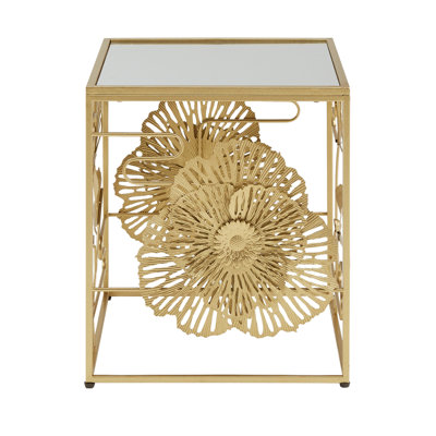 Lenssen Gold Finish Peony And Ginkgo End Table With Mirror Top