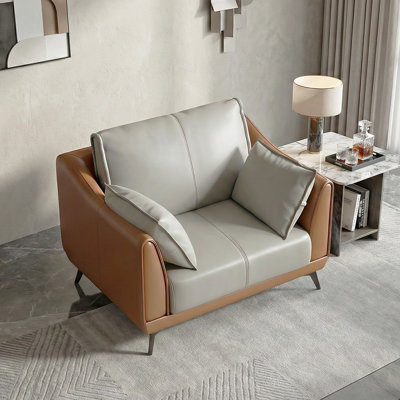 42" Elegant Faux Leather Sofa with Grey Cushions & Brown Frame,Modern Living Room Couch,Single Sleeper Sofa(1-Seat)