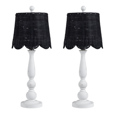 Set Of 2 White Resin Buffet Lamp With Rattan Shade